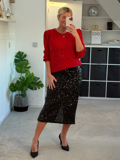 Red Sequin Puff Shoulder Jumper