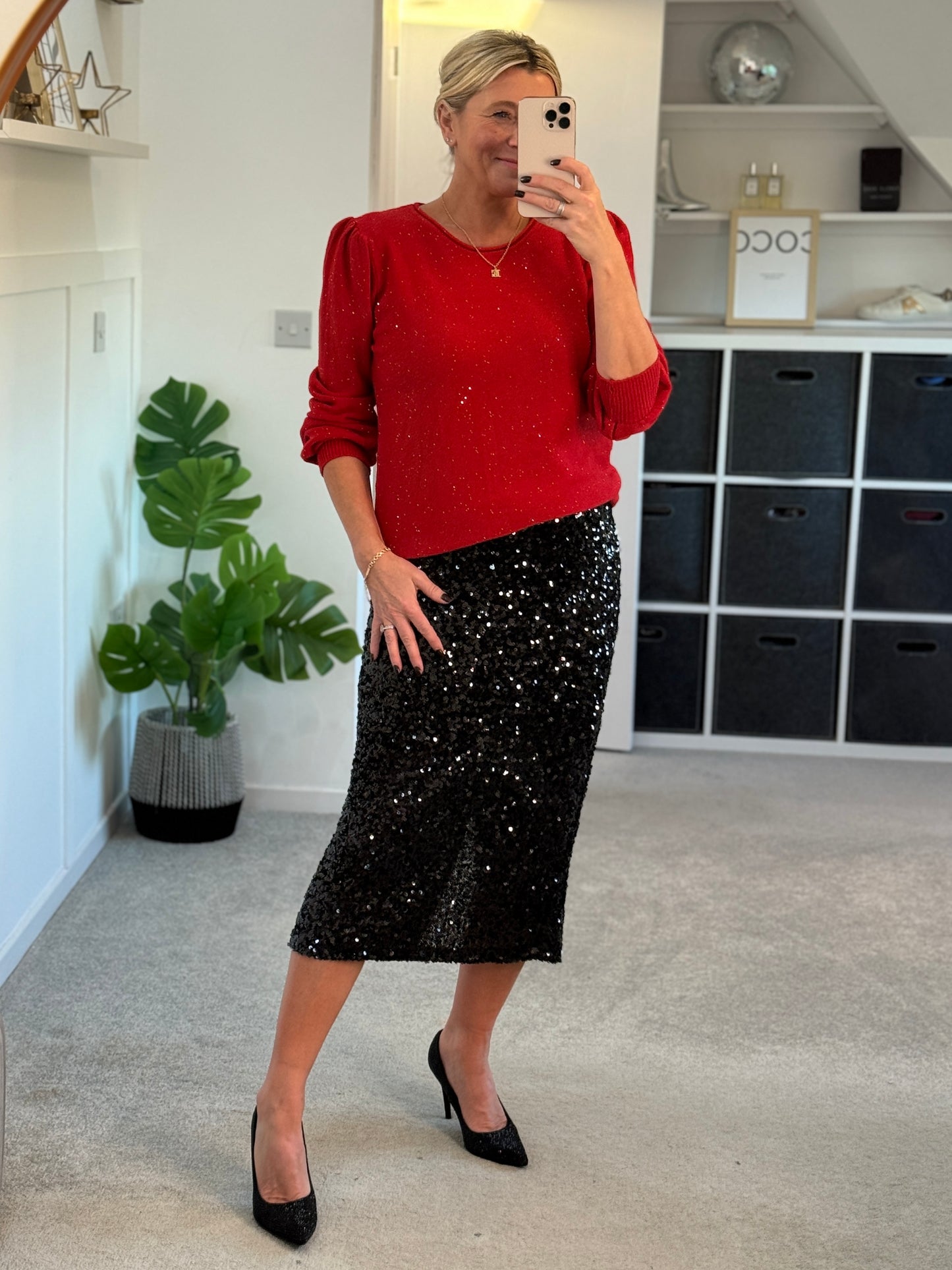 Red Sequin Puff Shoulder Jumper