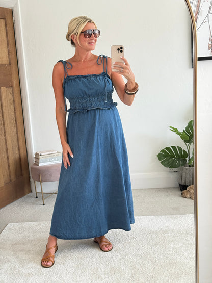 Blue Denim Tie Strap Shirred Dress