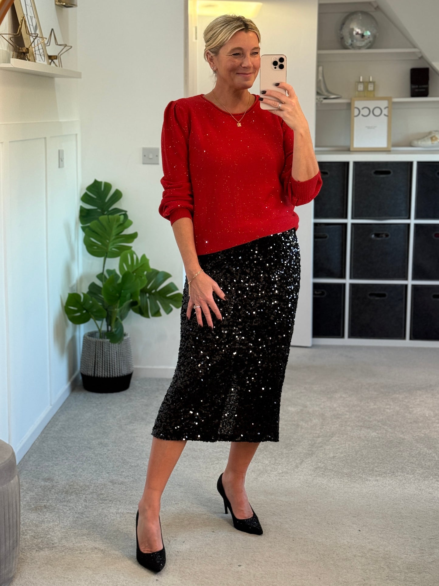 Red Sequin Puff Shoulder Jumper