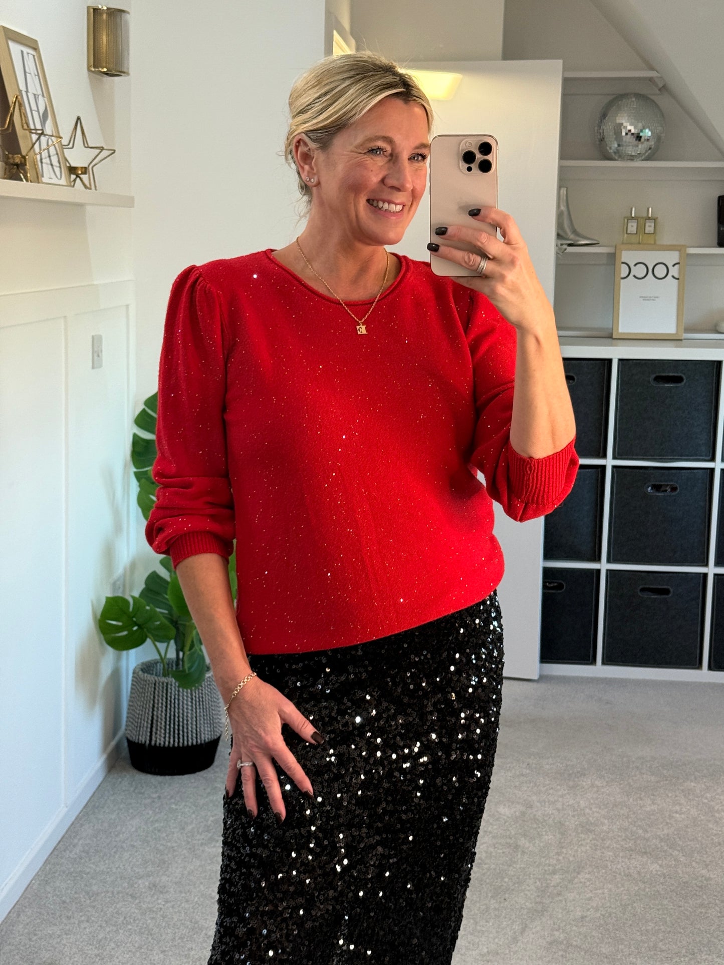 Red Sequin Puff Shoulder Jumper