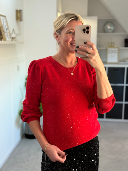 Red Sequin Puff Shoulder Jumper