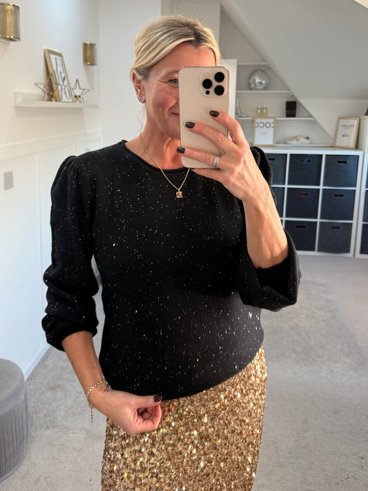 Black Sequin Puff Shoulder Jumper