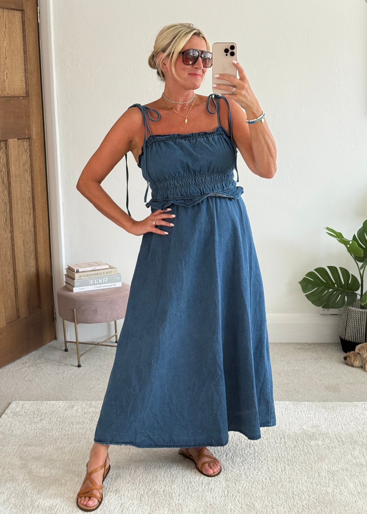 Blue Denim Tie Strap Shirred Dress