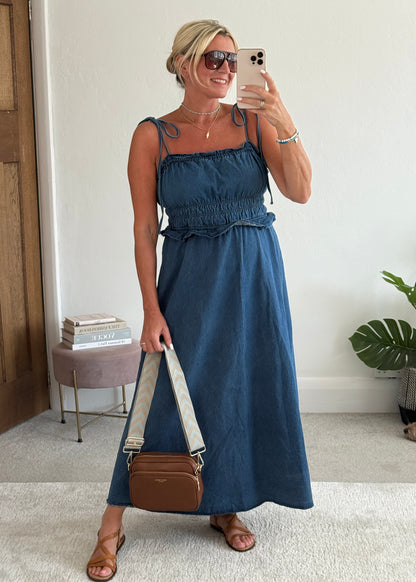Blue Denim Tie Strap Shirred Dress