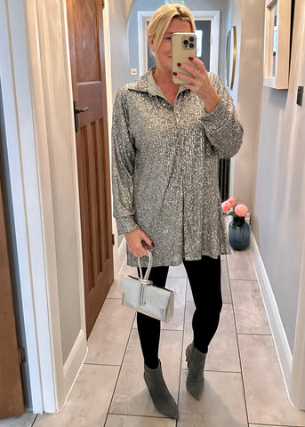 Silver/Grey Sequin Long Classic Shirt