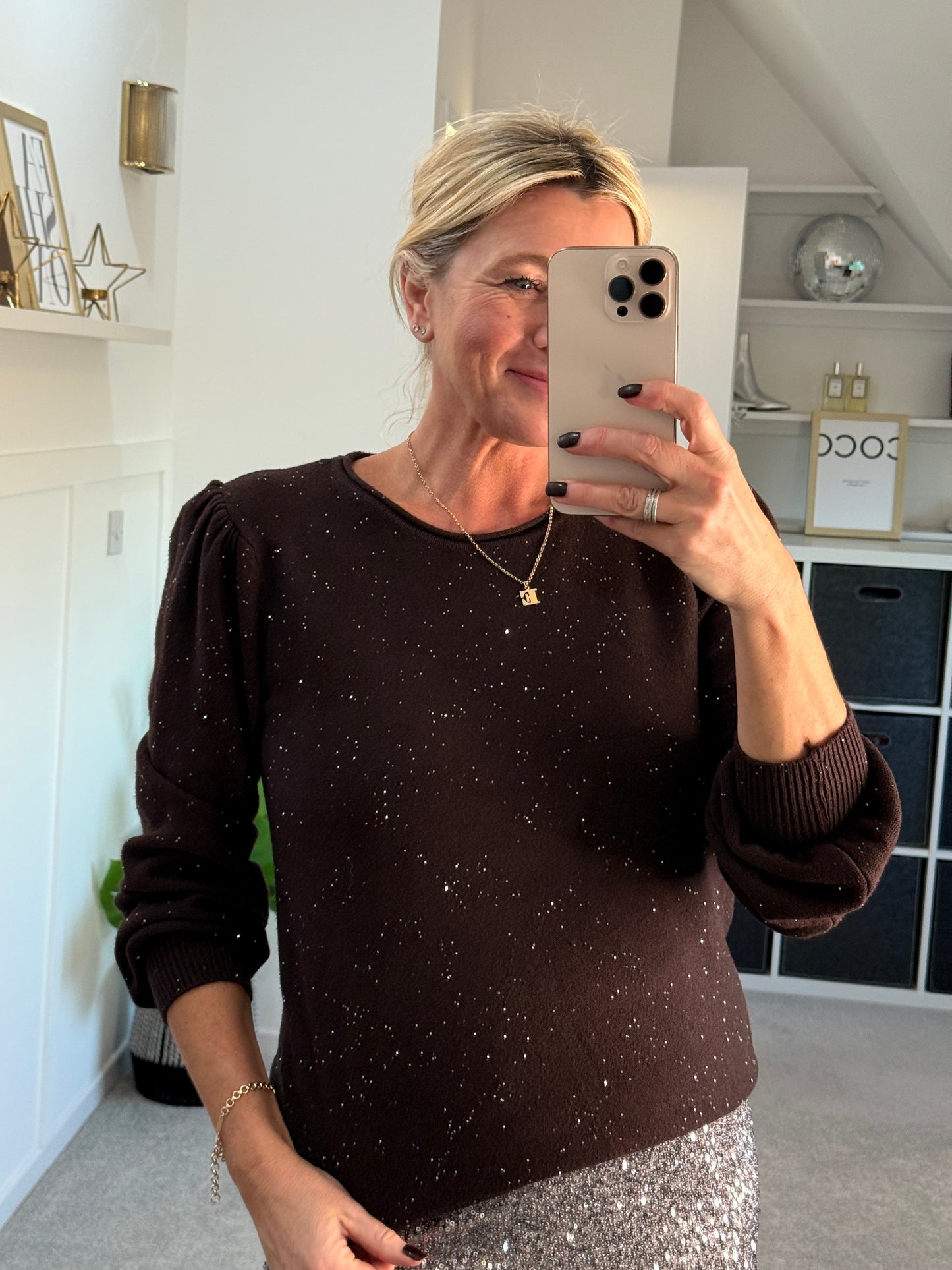 Chocolate Sequin Puff Shoulder Jumper
