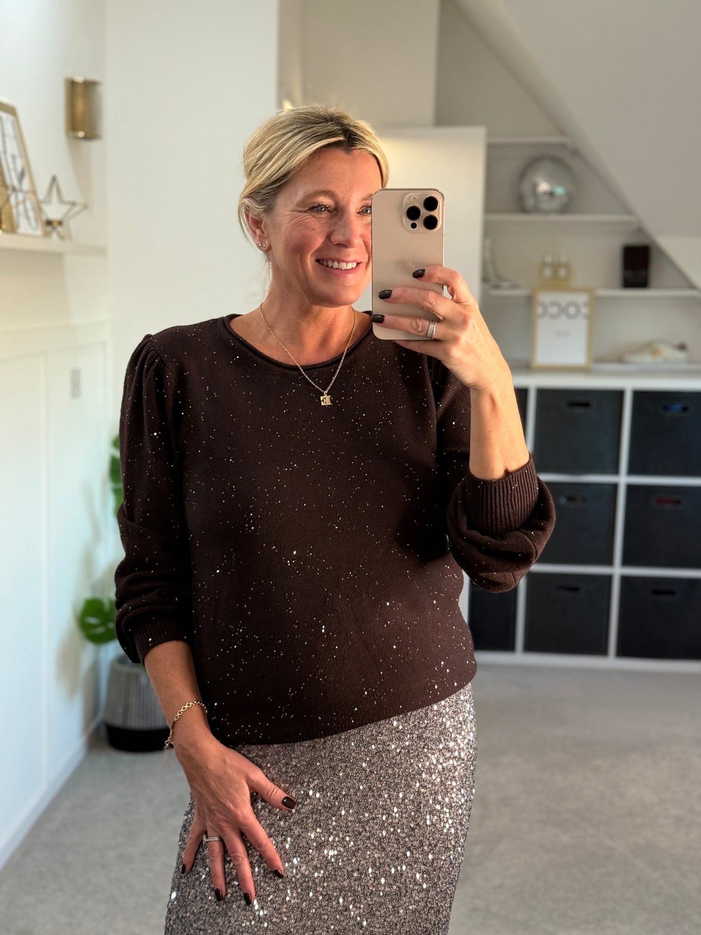 Chocolate Sequin Puff Shoulder Jumper