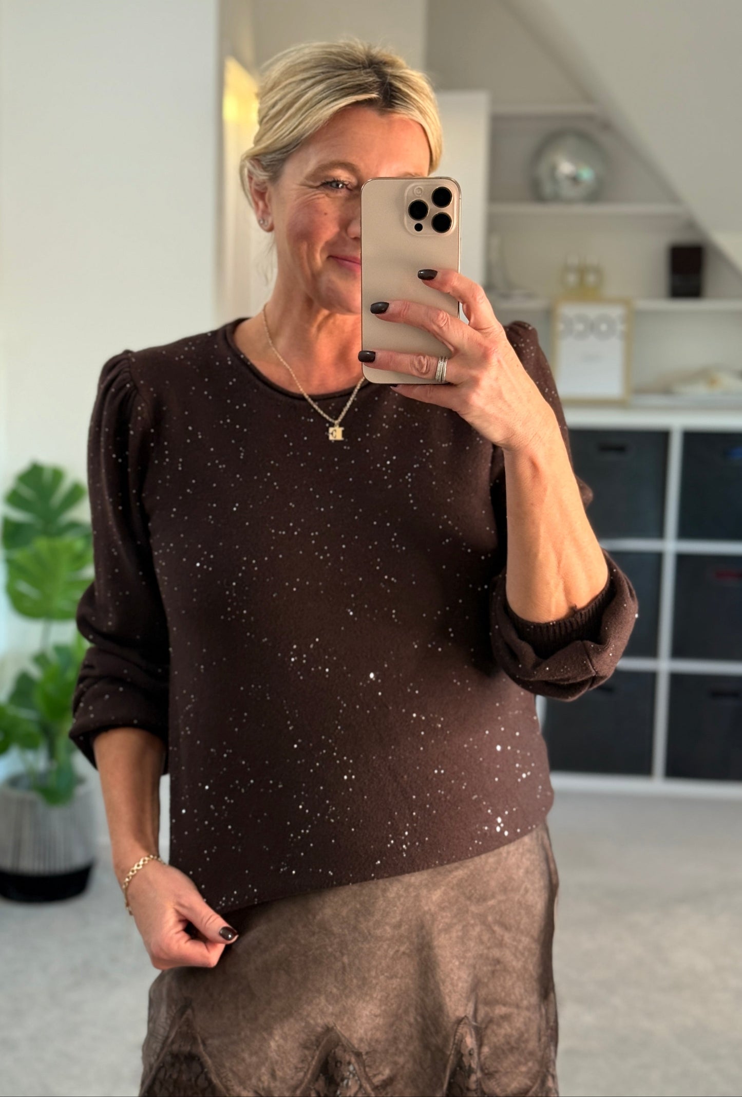 Chocolate Sequin Puff Shoulder Jumper