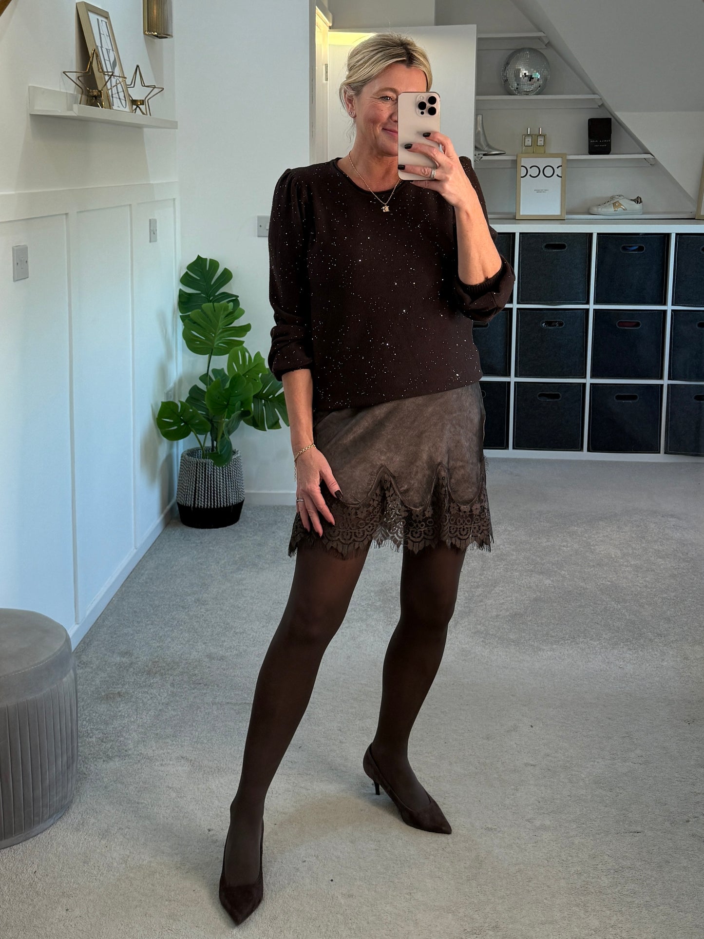 Chocolate Sequin Puff Shoulder Jumper