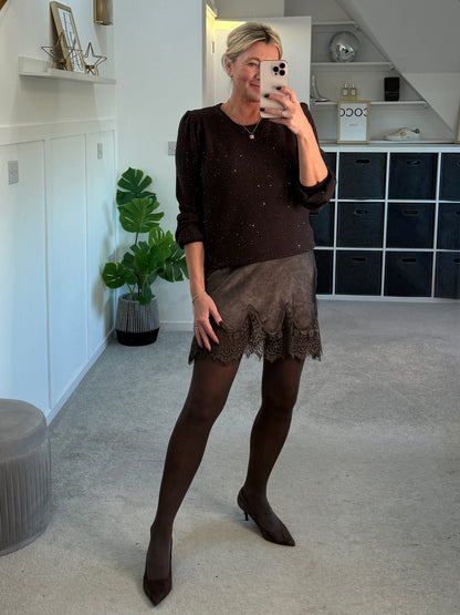 Chocolate Sequin Puff Shoulder Jumper