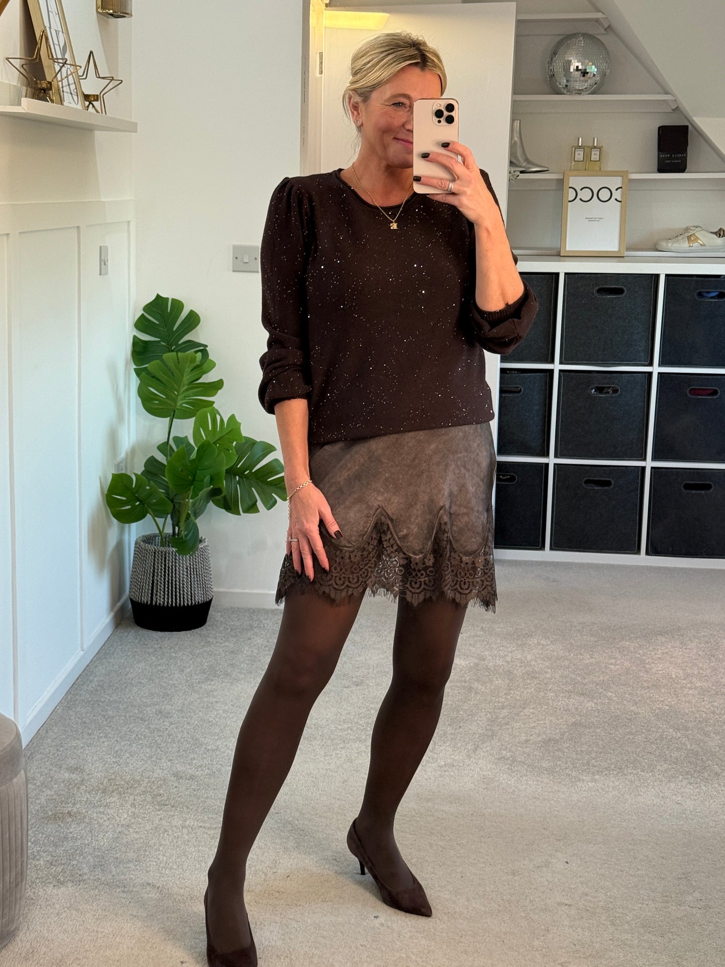 Chocolate Satin & Lace Mini Skirt