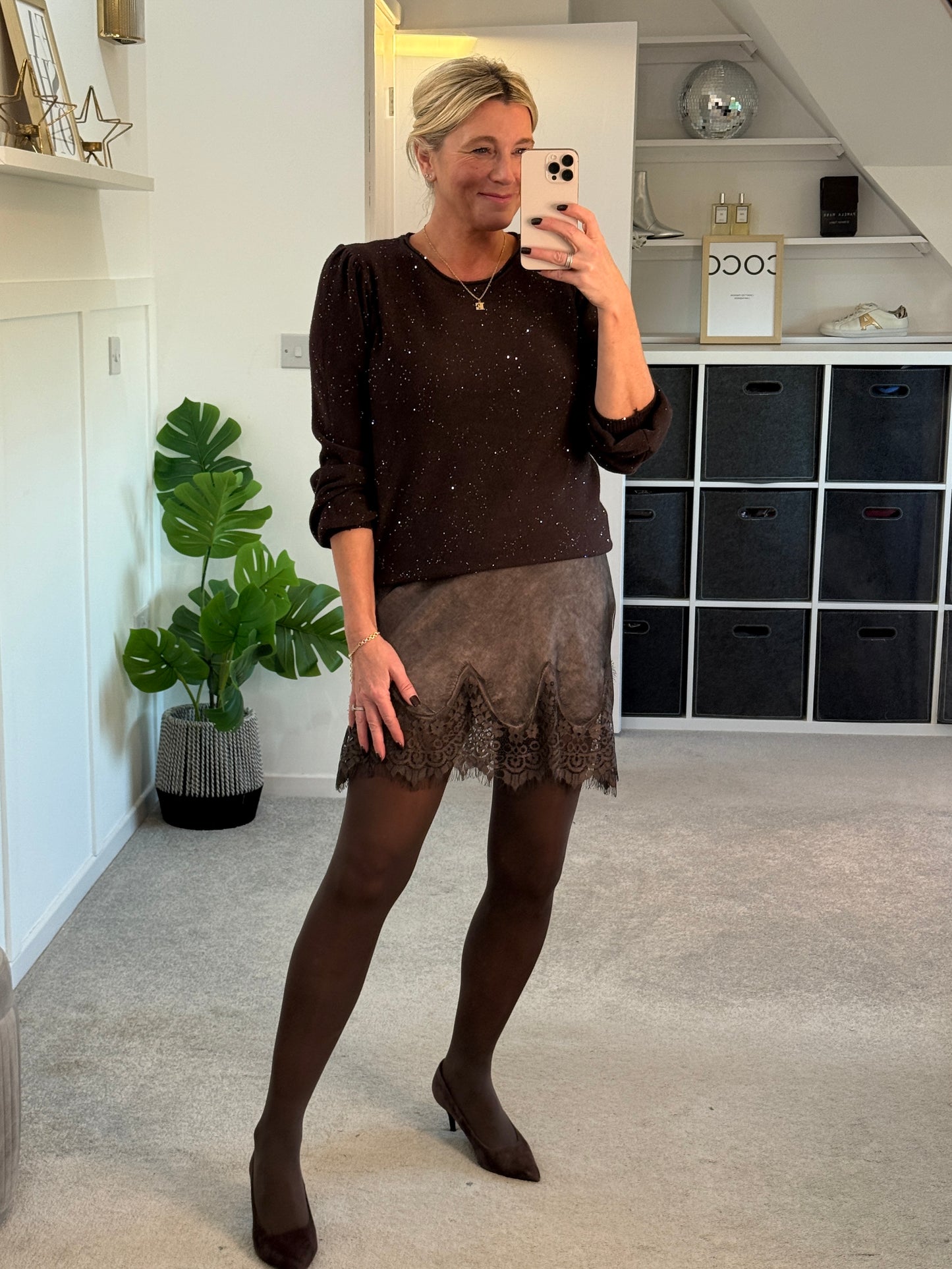 Chocolate Satin & Lace Mini Skirt