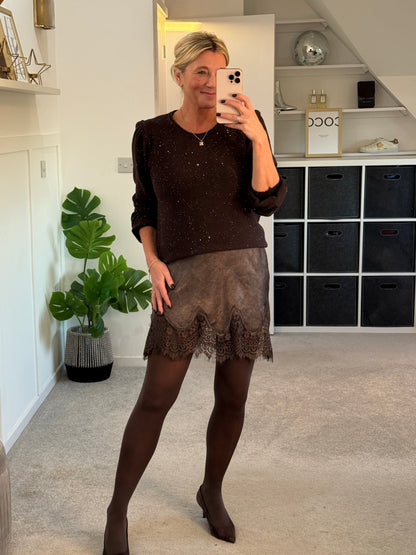 Chocolate Satin & Lace Mini Skirt