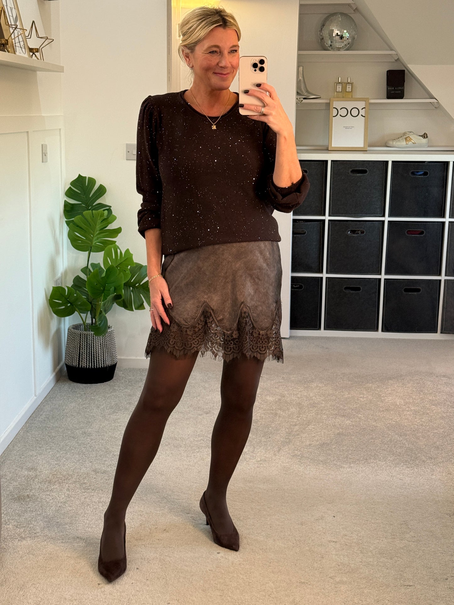 Chocolate Sequin Puff Shoulder Jumper