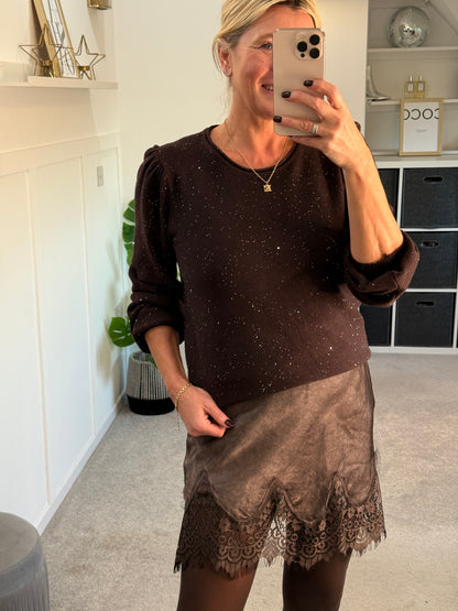 Chocolate Sequin Puff Shoulder Jumper