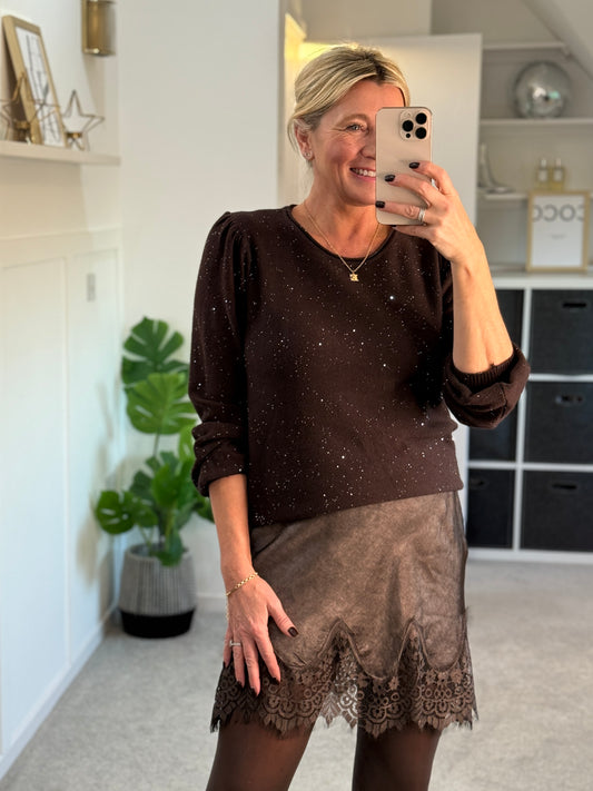 Chocolate Sequin Puff Shoulder Jumper