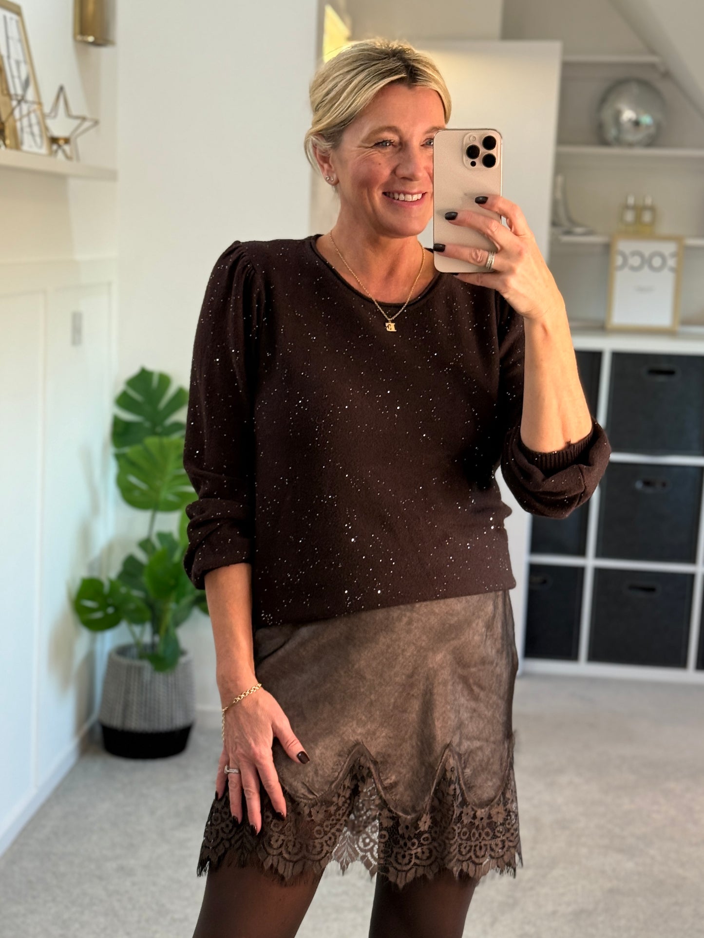 Chocolate Satin & Lace Mini Skirt