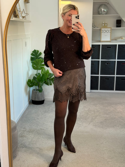 Chocolate Sequin Puff Shoulder Jumper