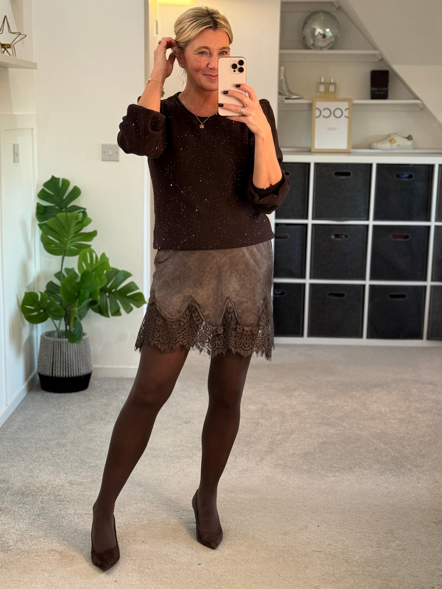 Chocolate Sequin Puff Shoulder Jumper