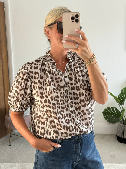 Blue Leopard Puff Sleeve Blouse