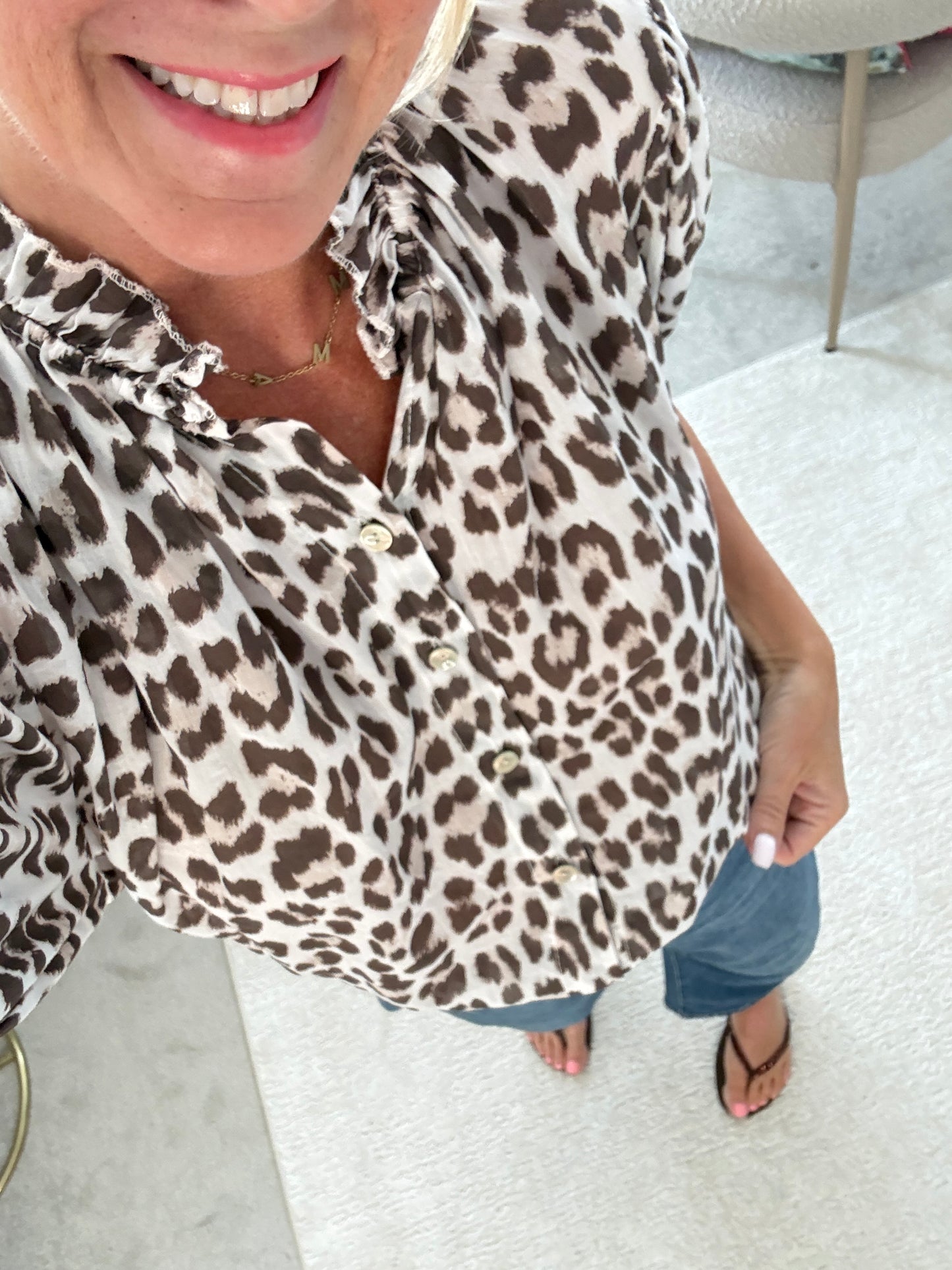 Blue Leopard Puff Sleeve Blouse