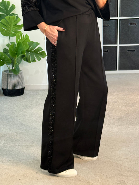 Black Sequin Side Stripe Soft Trousers