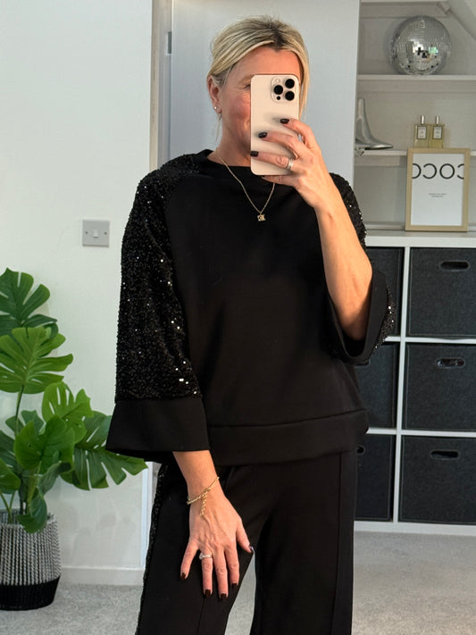 Black Sequin Sleeve Soft Top