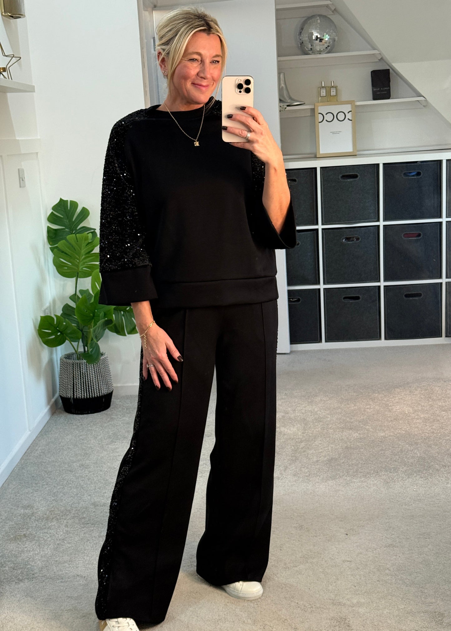 Chocolate Sequin Side Stripe Soft Trousers