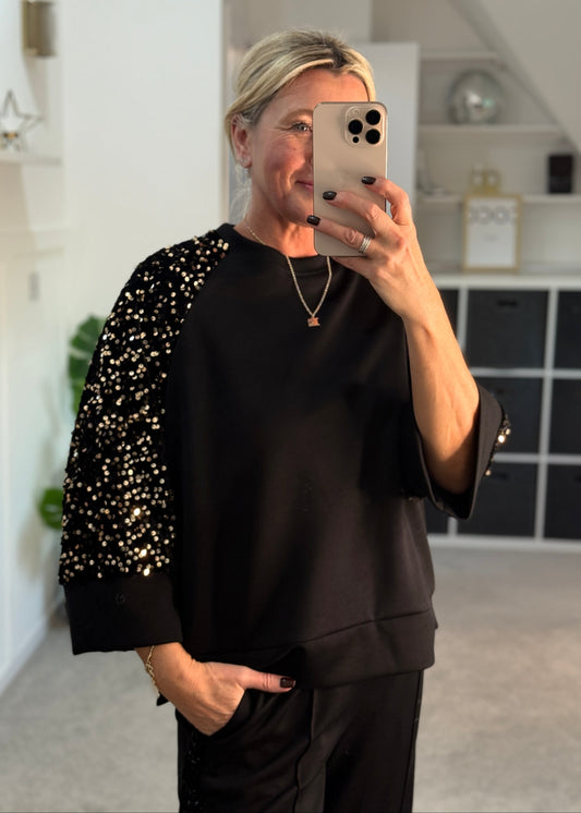 Black/Gold Sequin Sleeve Soft Top