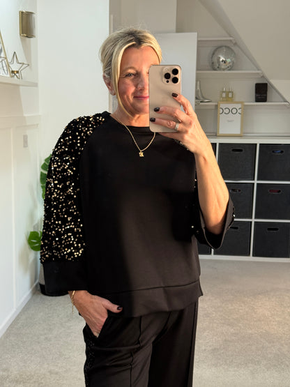 Black Sequin Sleeve Soft Top