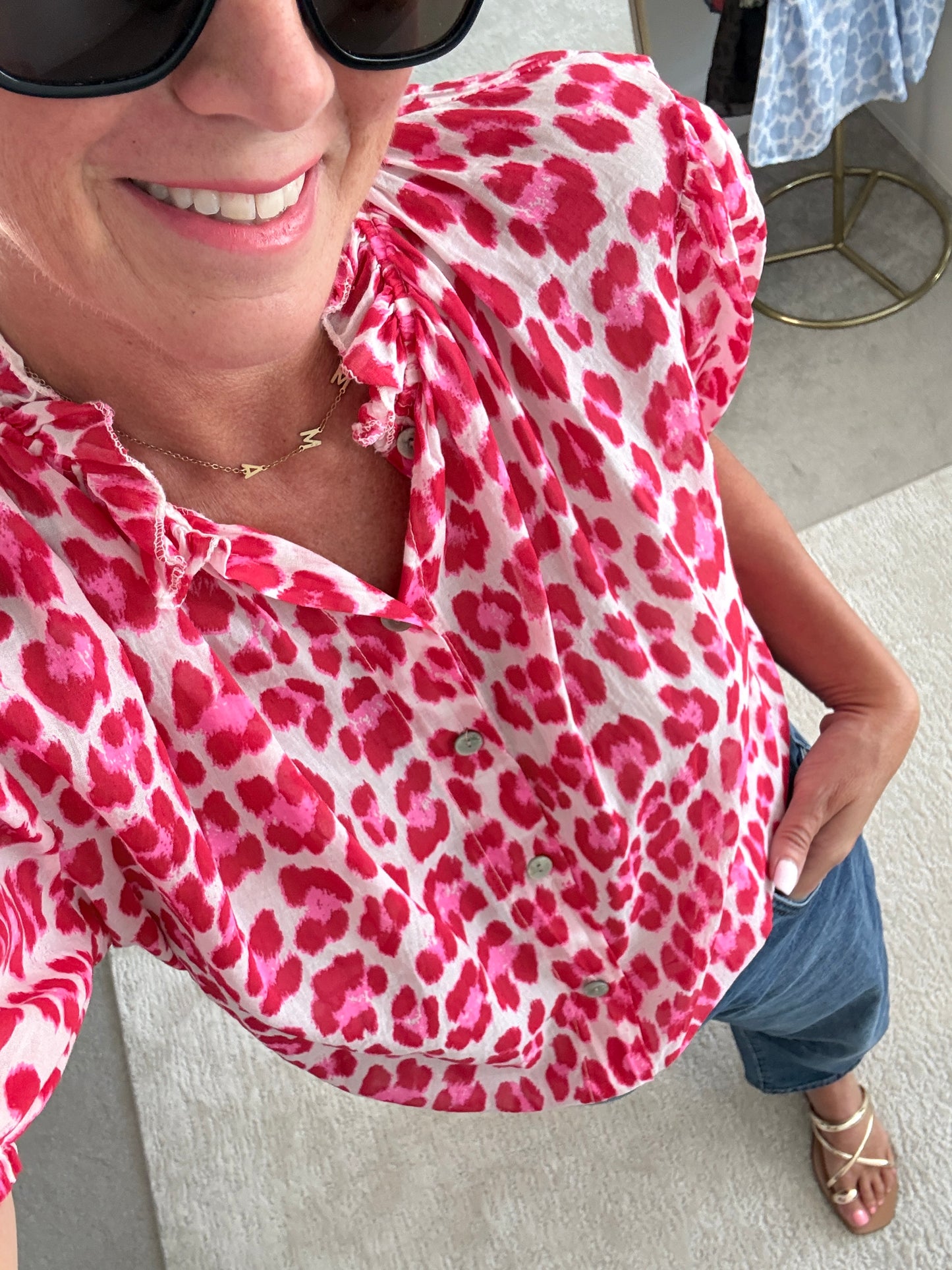 Pink Leopard Puff Sleeve Blouse