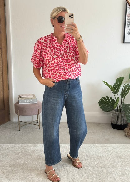 Pink Leopard Puff Sleeve Blouse