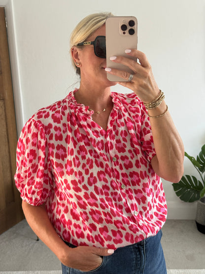 Pink Leopard Puff Sleeve Blouse