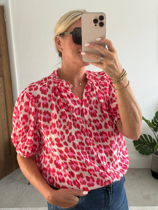 Pink Leopard Puff Sleeve Blouse