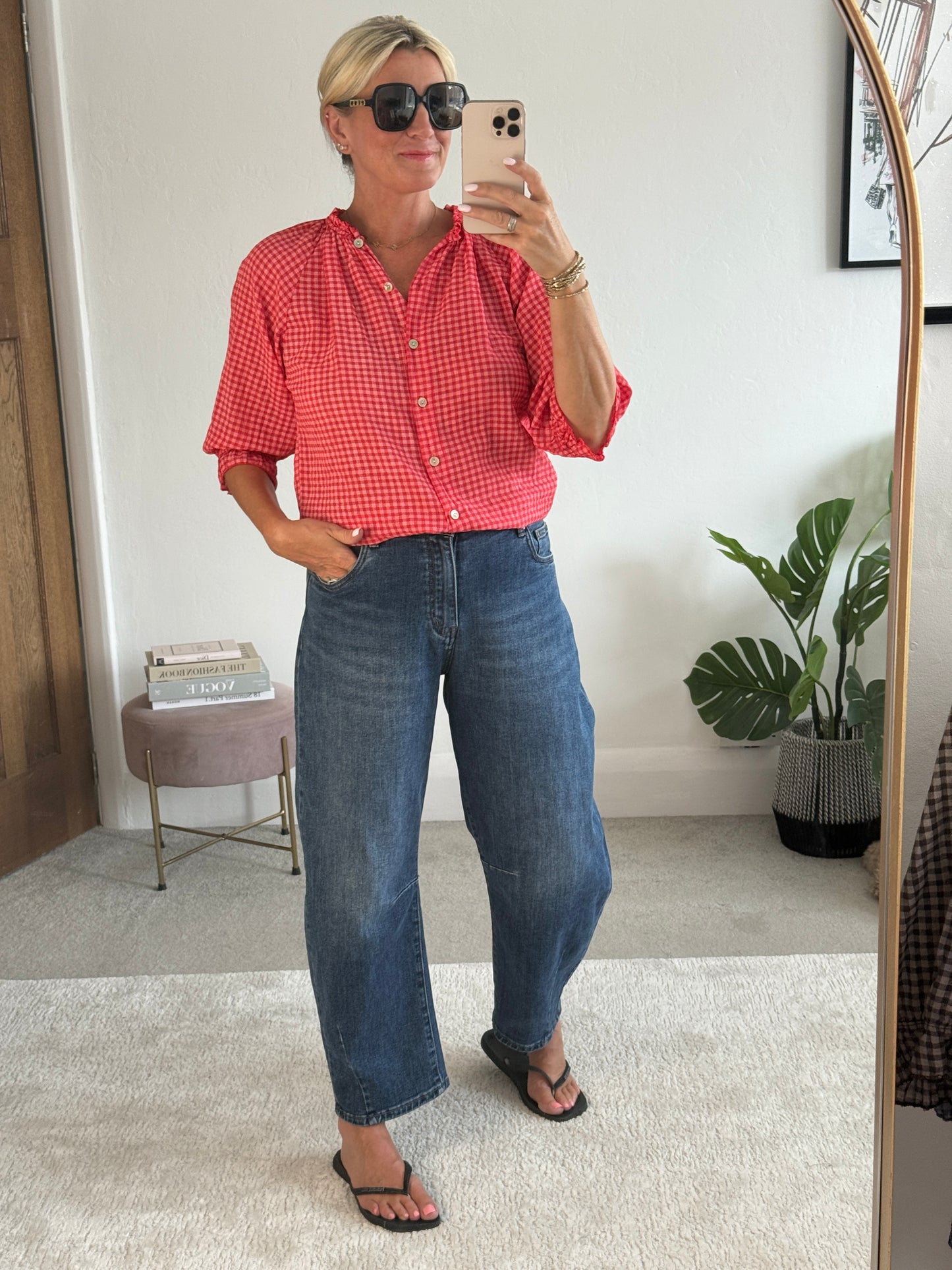 Red Gingham 3/4 Sleeve Blouse