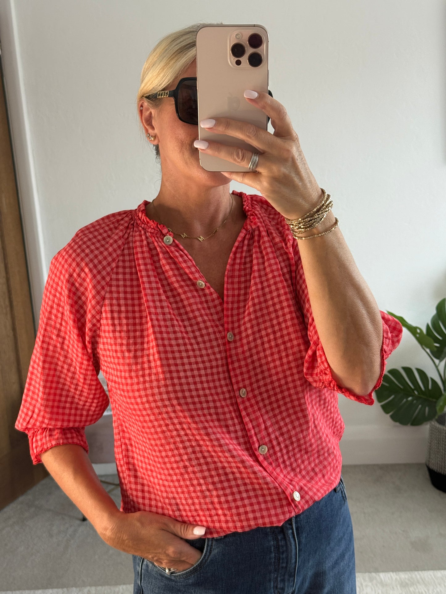 Red Gingham 3/4 Sleeve Blouse