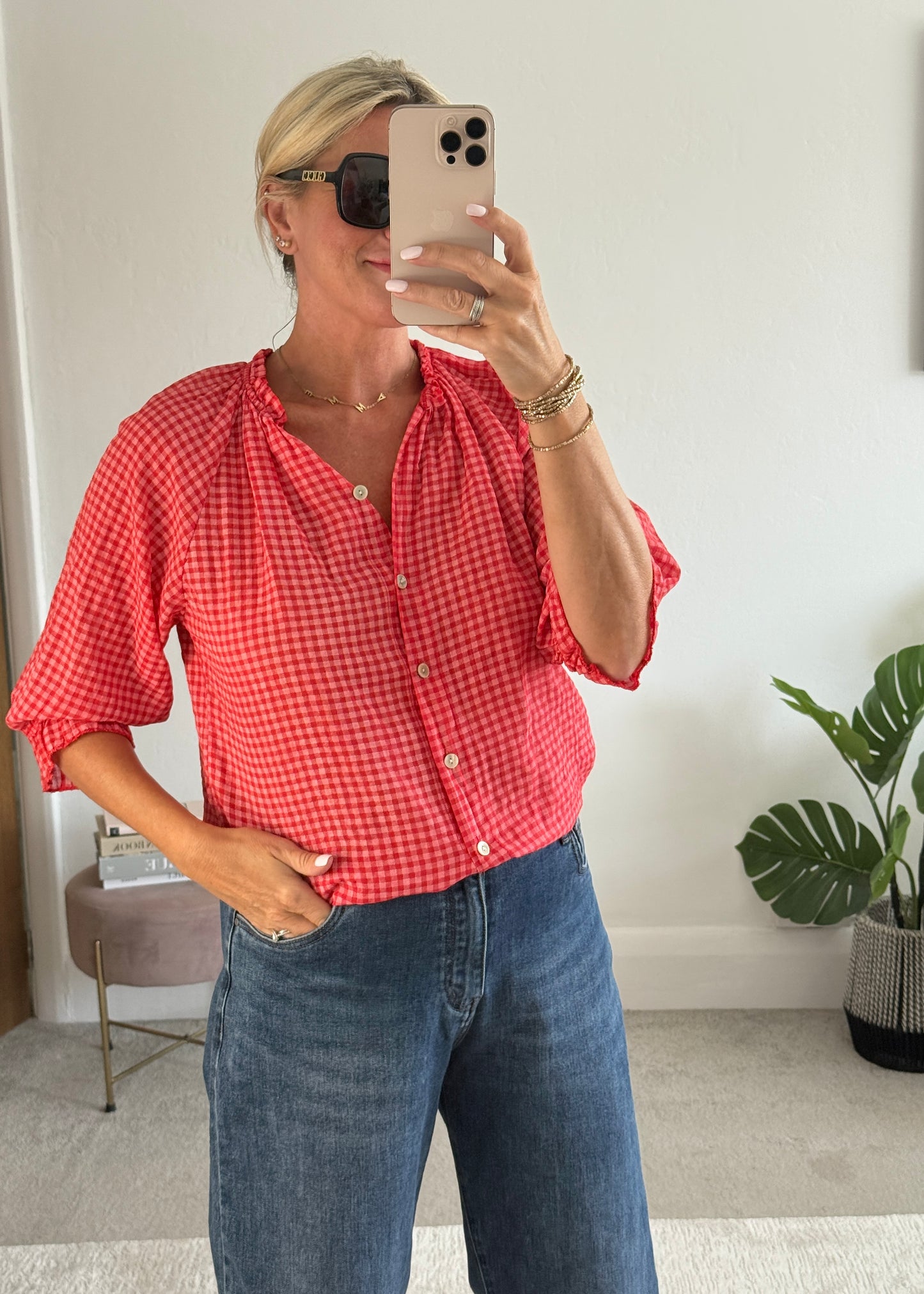 Red Gingham 3/4 Sleeve Blouse