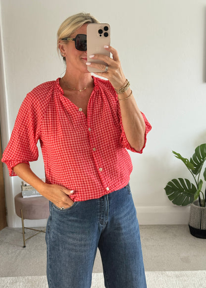 Red Gingham 3/4 Sleeve Blouse