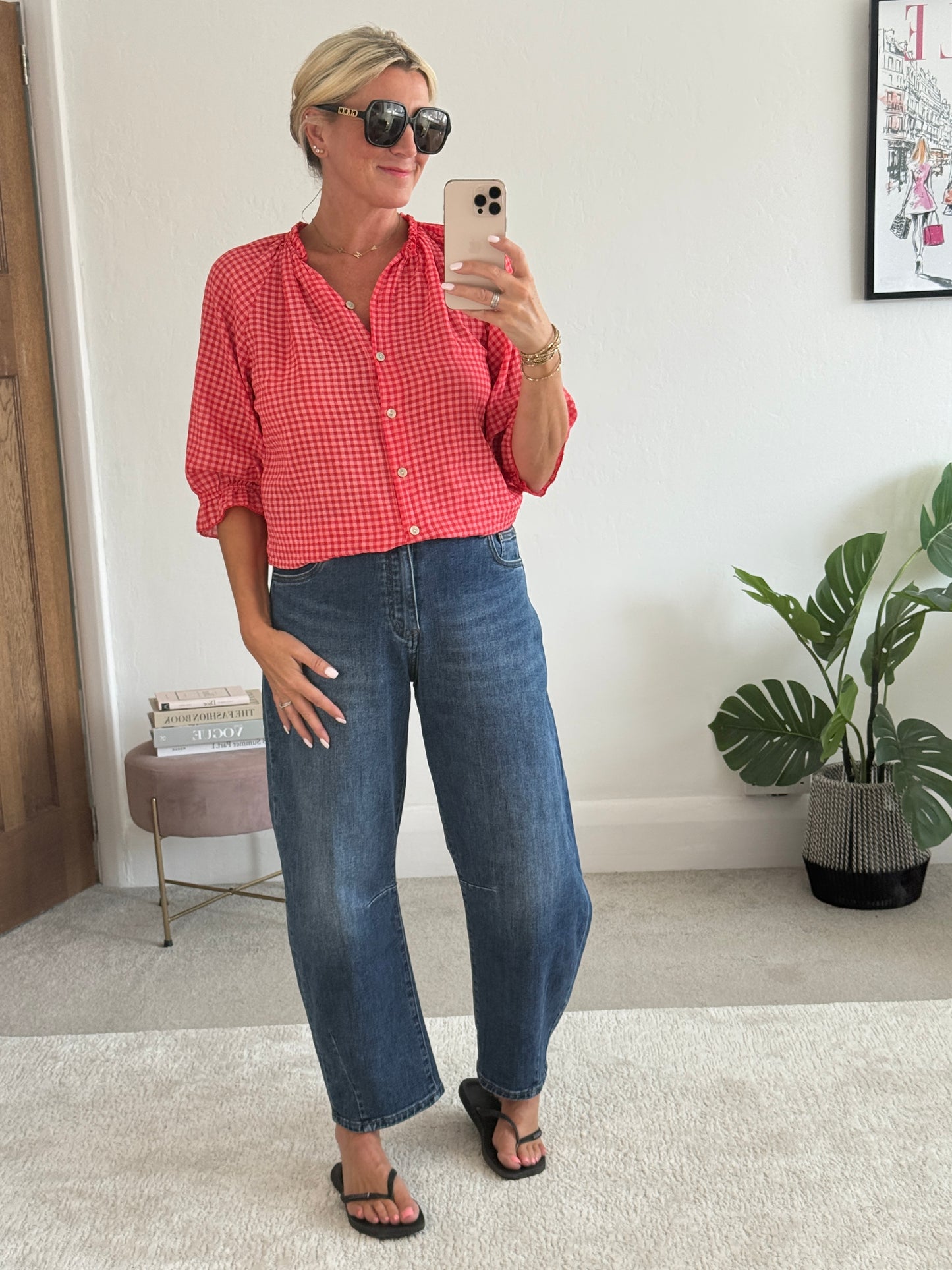 Red Gingham 3/4 Sleeve Blouse