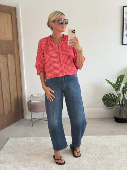 Red Gingham 3/4 Sleeve Blouse
