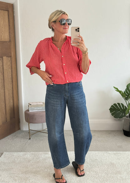 Red Gingham 3/4 Sleeve Blouse
