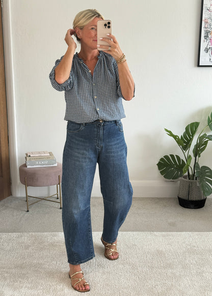 Navy Gingham 3/4 Sleeve Blouse