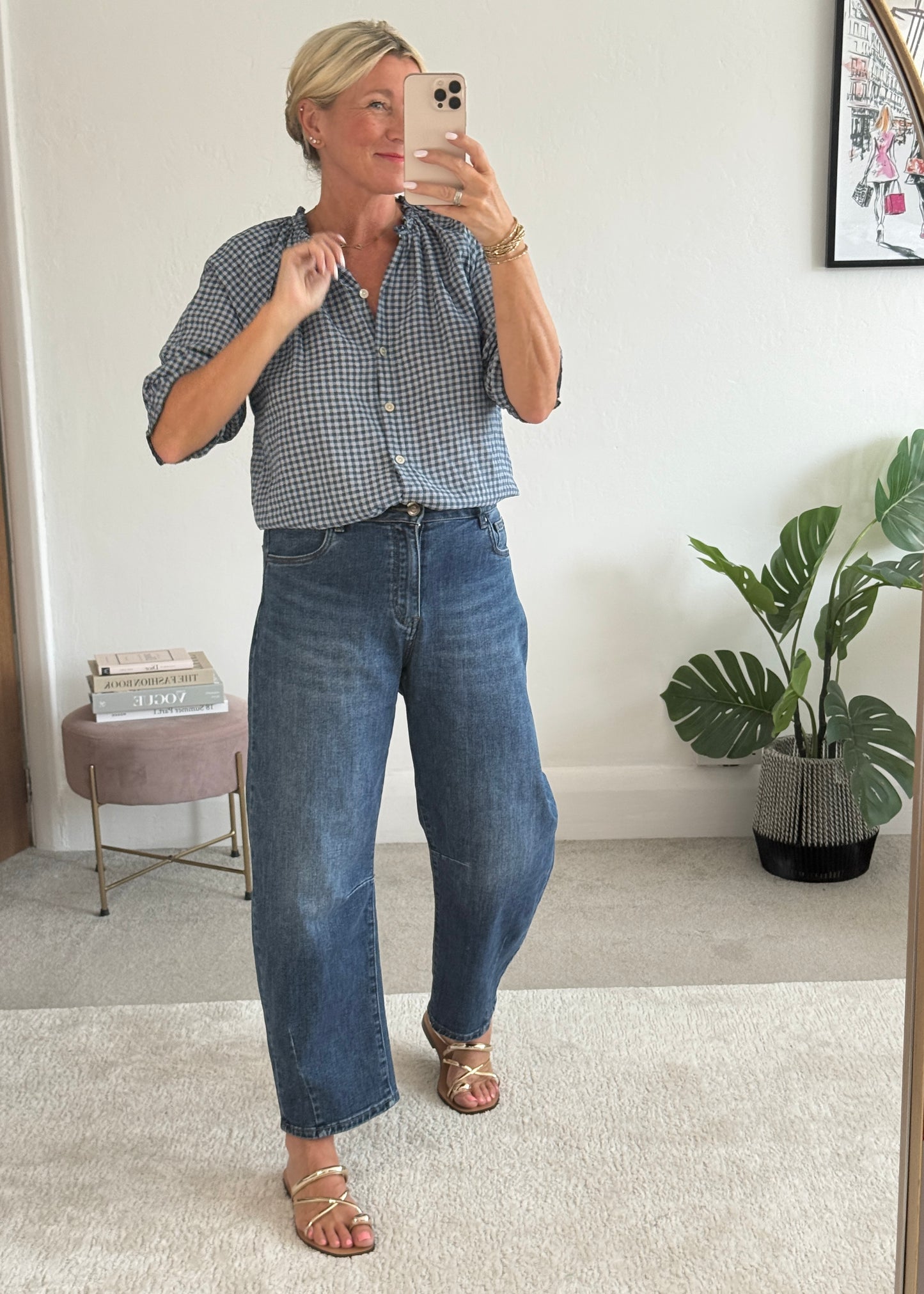 Navy Gingham 3/4 Sleeve Blouse