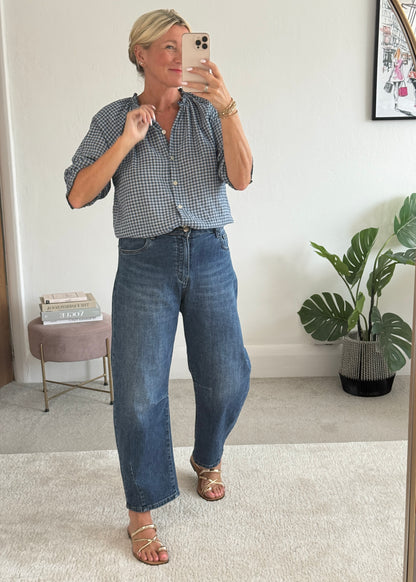 Navy Gingham 3/4 Sleeve Blouse
