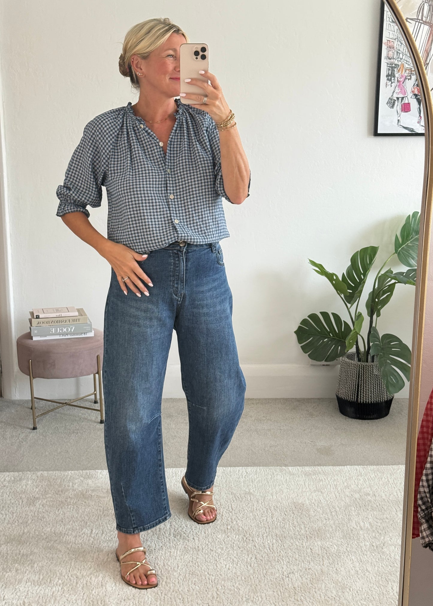 Navy Gingham 3/4 Sleeve Blouse