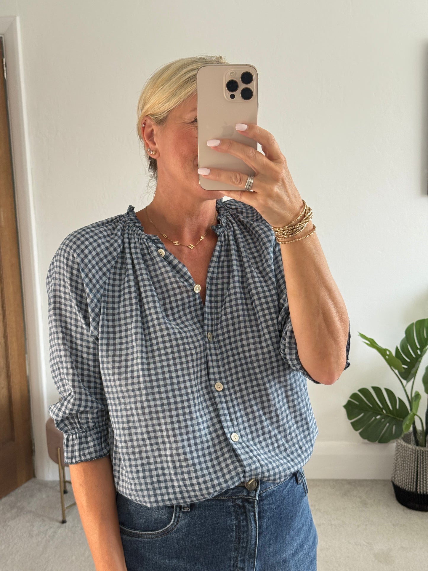 Navy Gingham 3/4 Sleeve Blouse