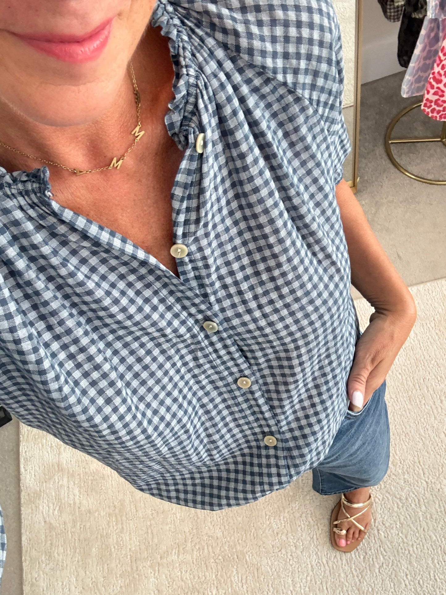 Navy Gingham 3/4 Sleeve Blouse