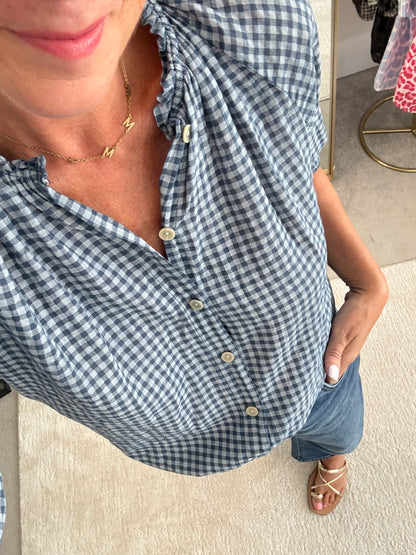 Navy Gingham 3/4 Sleeve Blouse