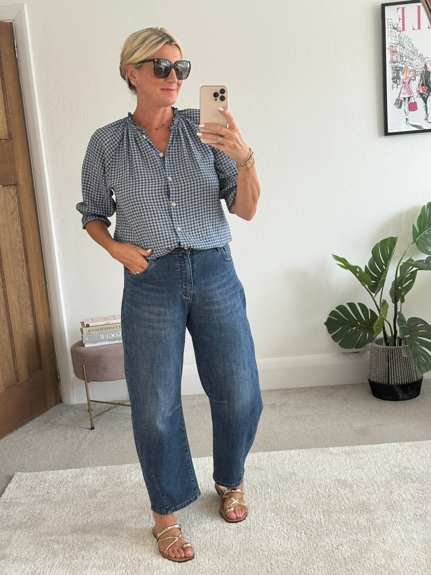 Navy Gingham 3/4 Sleeve Blouse